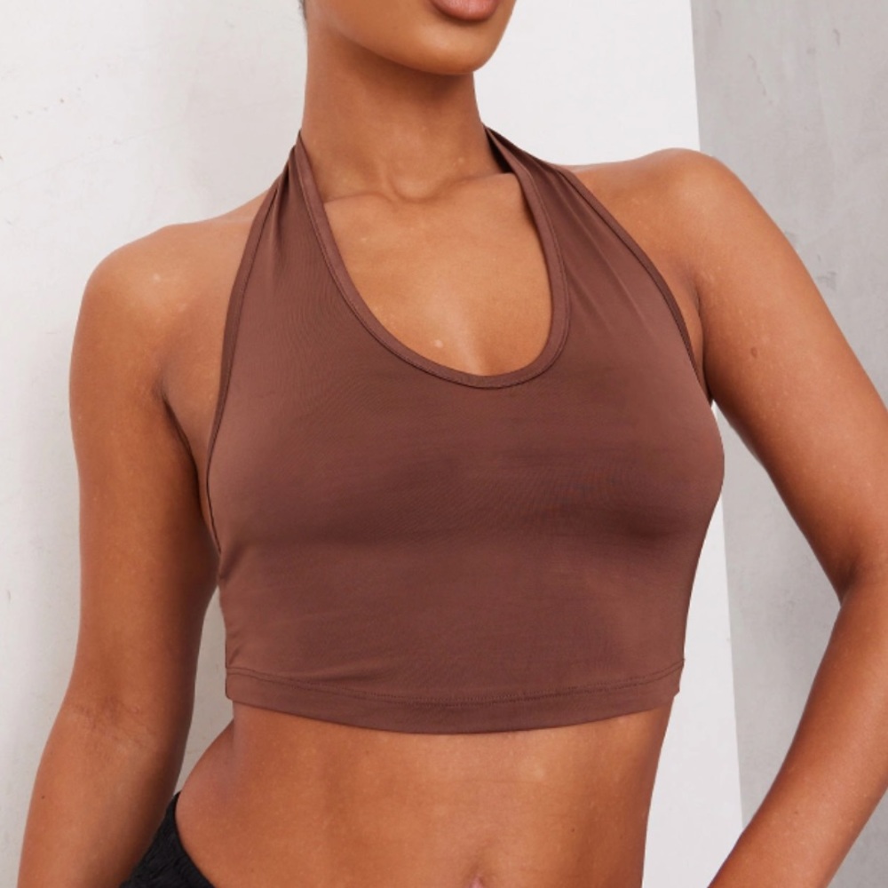 Basic brown slinky, scoop, neck halter top